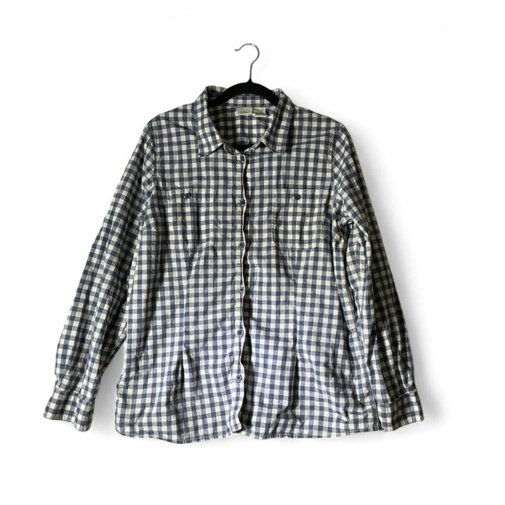 LL Bean Womens XL Blue White‎ Gingham Cotton Button Down Shirt 272187